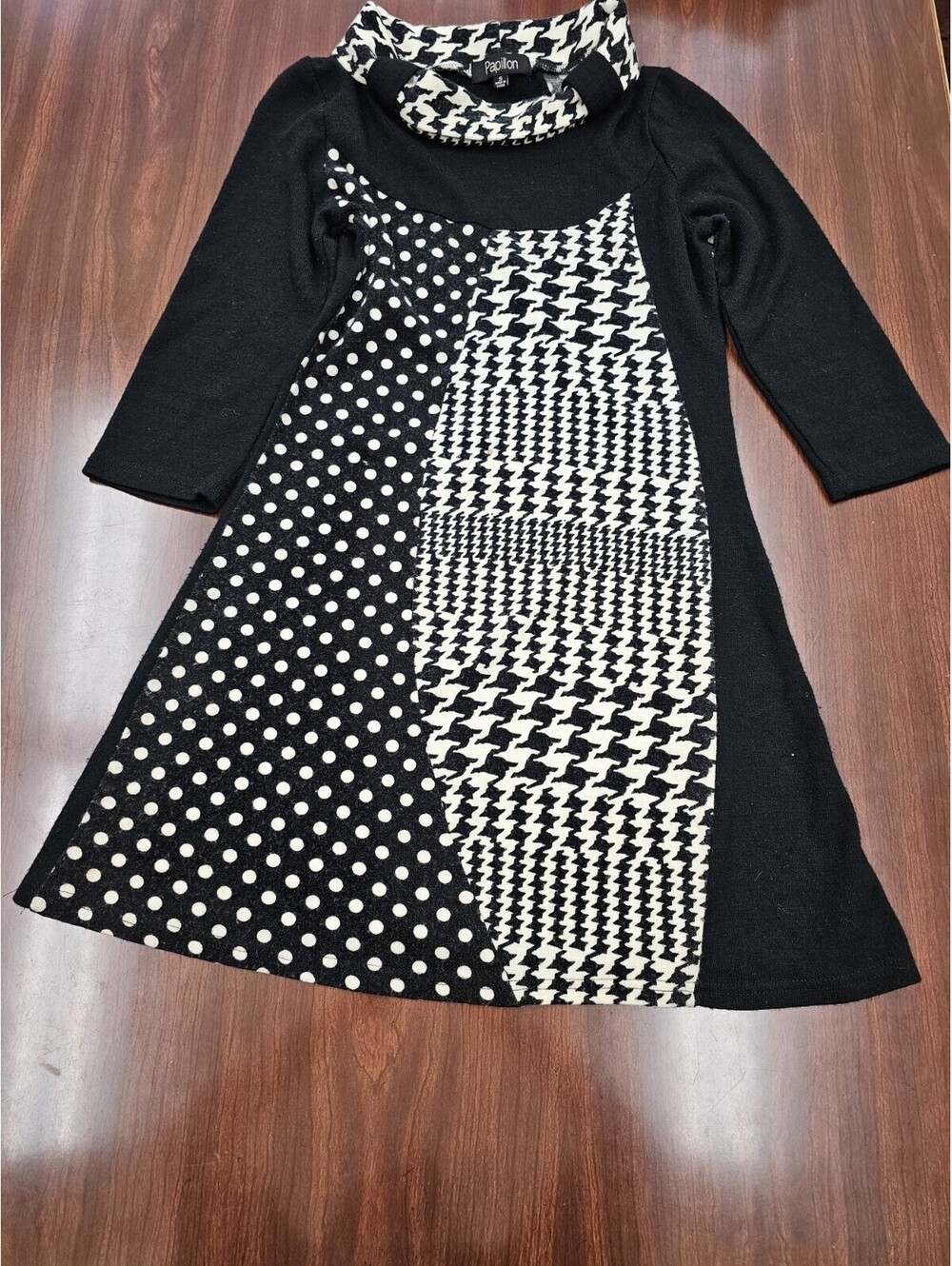 Papillon Women's S Black & White Houndstooth Polka Dot Mixed Print Sweater Dress